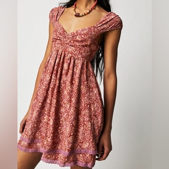 Free People  Womens Medium Floral Tabitha Mini Dress Smocked Babydoll - Picture 1 of 6